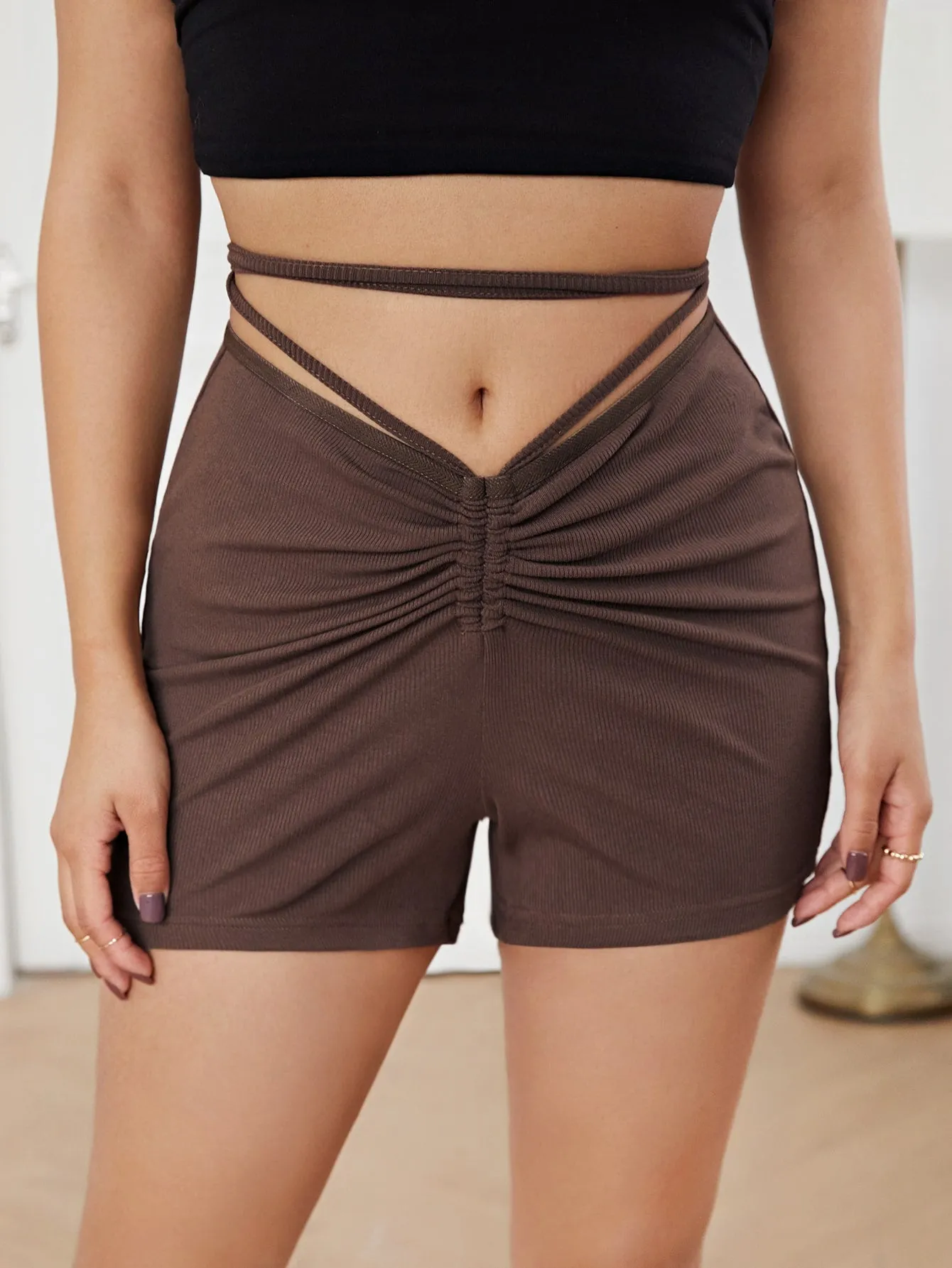 Casual Plain Rib-Knit Drop Waist Women Shorts