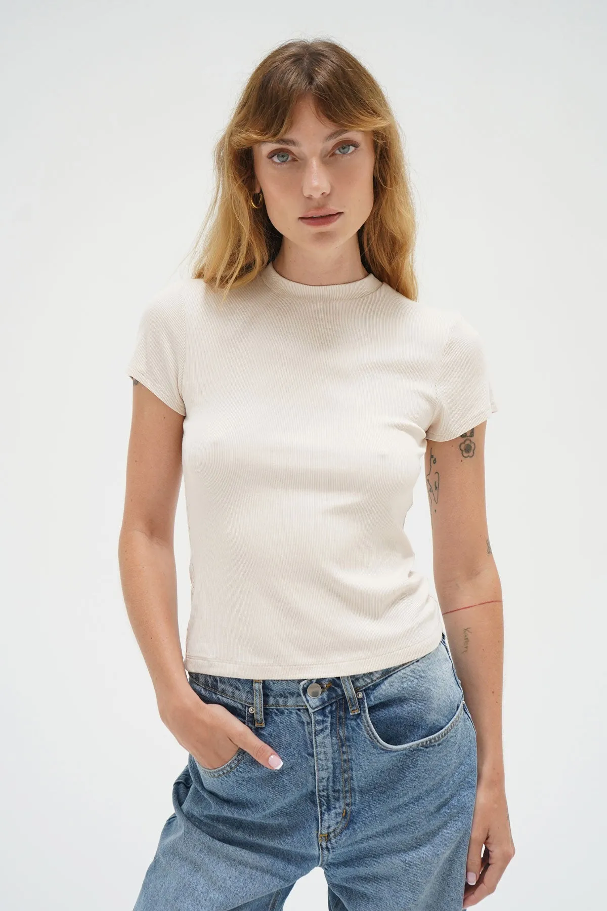 Fitted Ribbed Crew Tee - Bone