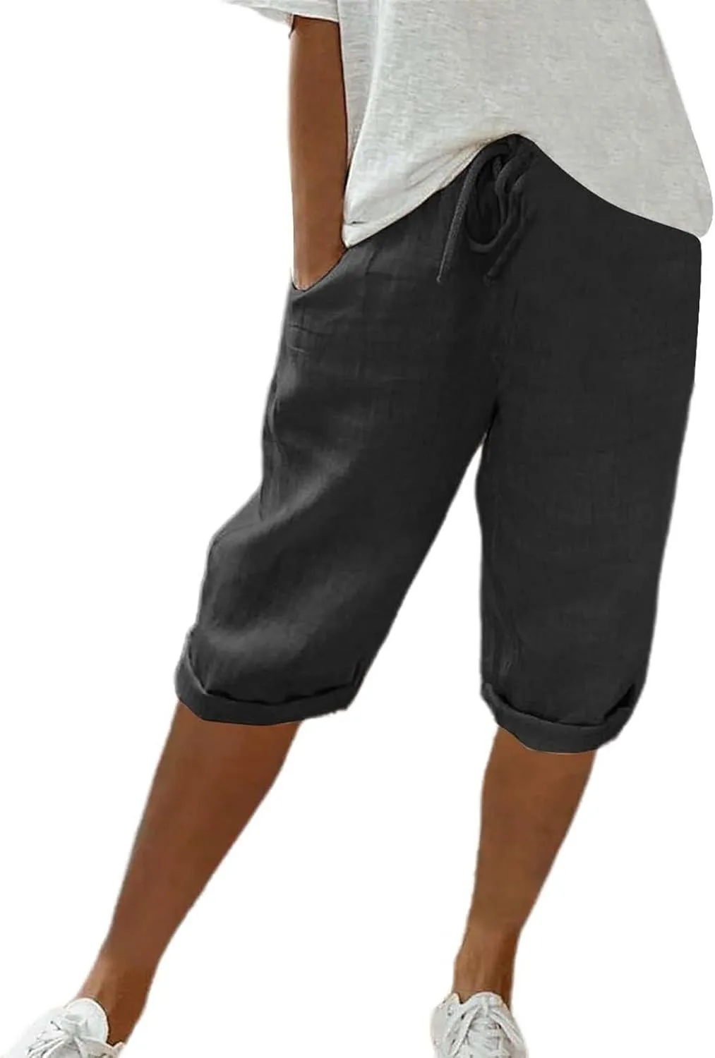 Linen Pants Women Drawstring Summer Loose Womens Capris Cotton Cargo Capri Pants for Women Stretch Petite Short