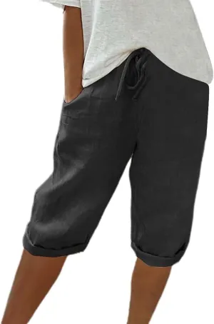 Linen Pants Women Drawstring Summer Loose Womens Capris Cotton Cargo Capri Pants for Women Stretch Petite Short