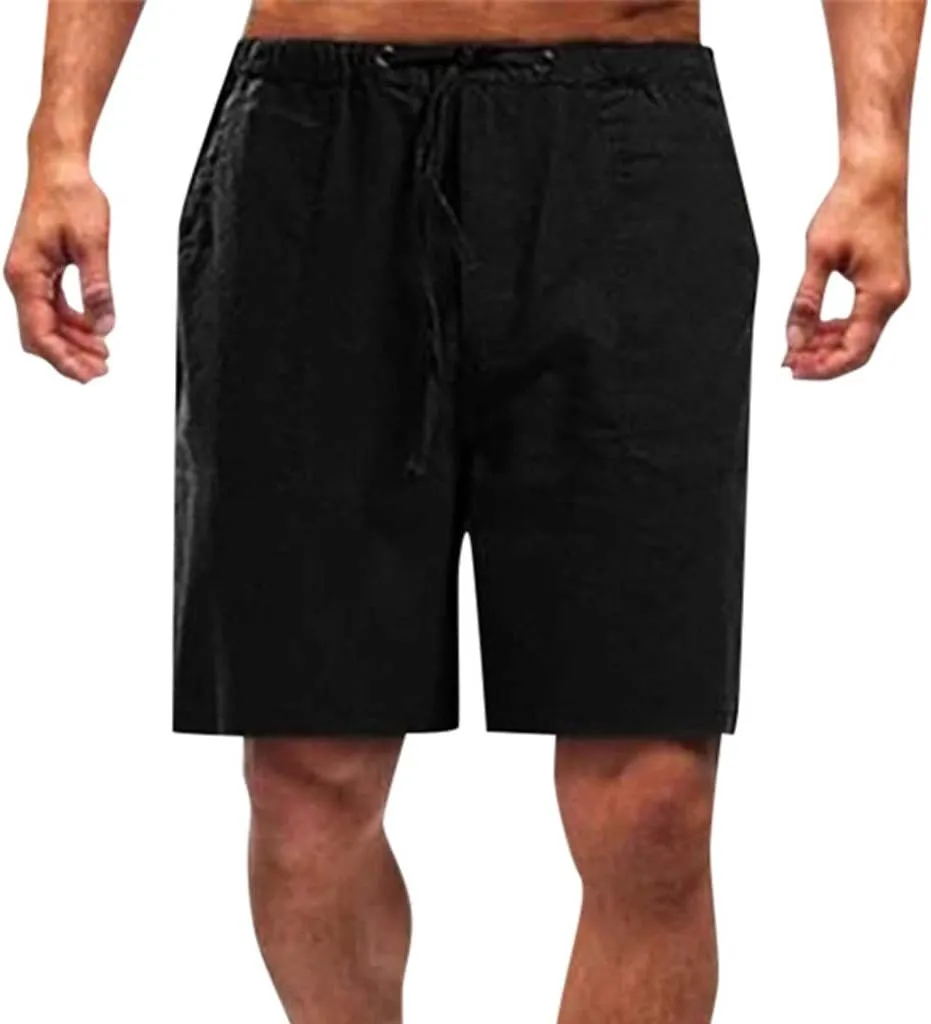 Mens Linen Shorts Elastic Waist Drawstring Wide Leg Bermuda Shorts for Men Loose Fit Lightweight Summer Beach Shorts
