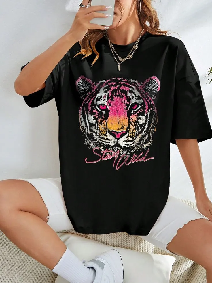 Tiger & Slogan Graphic Drop Shoulder Tee