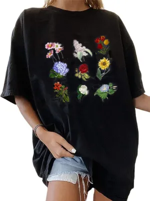 Women Vintage Graphic Flower Print Short Sleeve T Shirt Summer Casual Girls Tee Tops